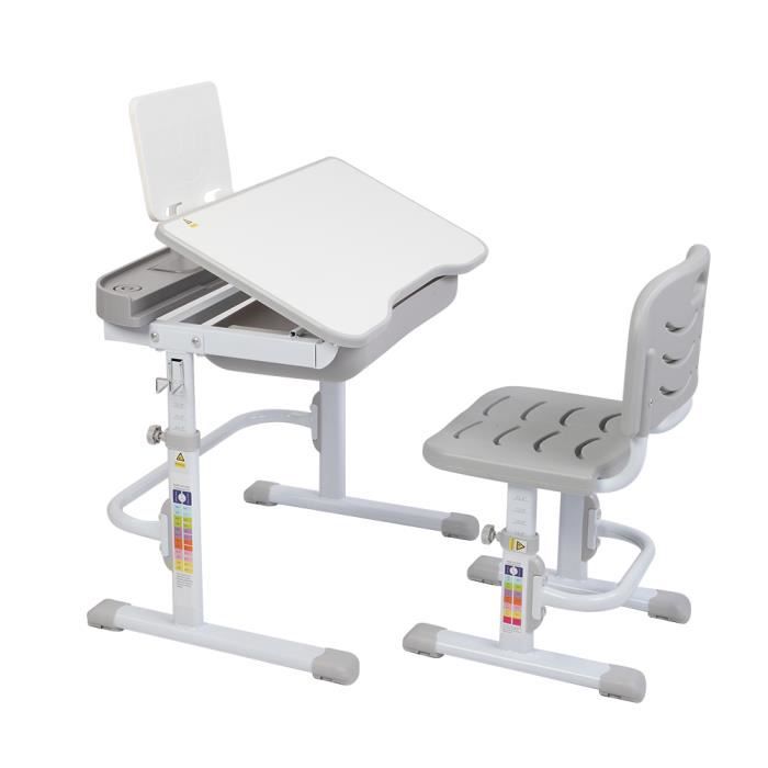 Set Bureau Enfant Hauteur Réglable 82cm-104cm Design Ergonomique , Ensemble de Table Activité et Chaise pour Enfants Gris