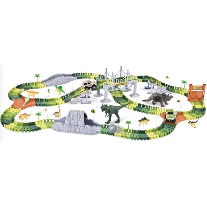 PIFUN Circuit flexible Dinosaures 240 rails + 1 voiture + x2 Bifurcation / Pont suspendu et rampes / Double porte / 8 Dinosaures...