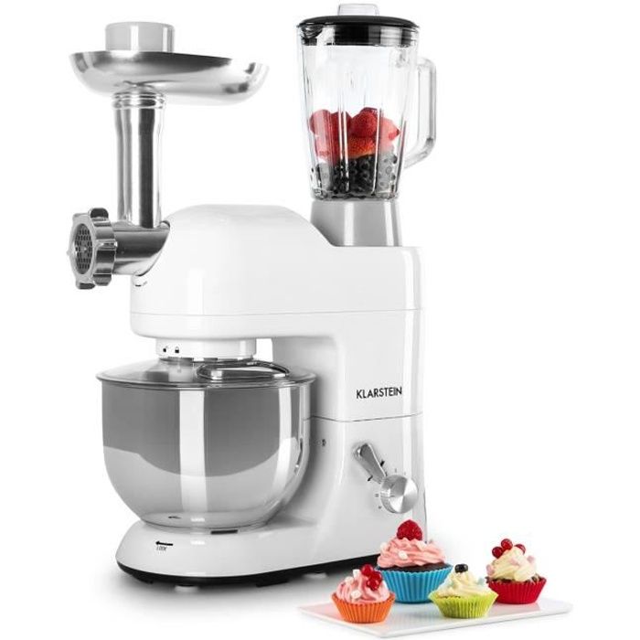 Robot pâtissier - Klarstein Lucia Bianca - Robot multifonction - Hachoir - Mixeur - 1200W - Robot cuisine - bol 5 L - 6 vitesses