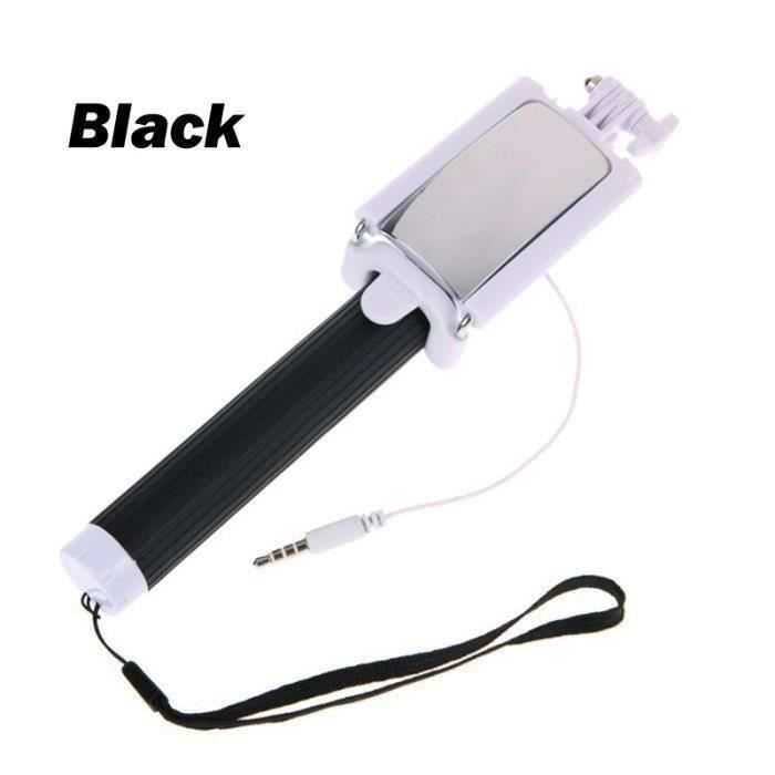 NOIR Perche à Selfie Stick Canne Selfie Connexion Filaire Pliable Monopied Avec Miroir Arrière