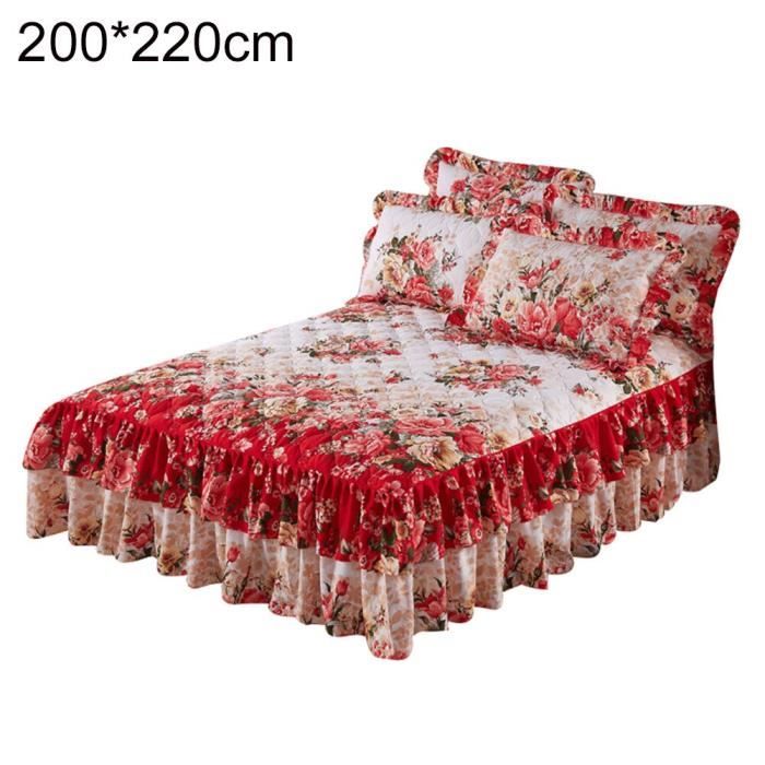 Housse de couette,Couvre lit en Polyester à motifs de fleurs ethniques, jupe de lit à volants, pour lit - Type Rouge-200x220 cm