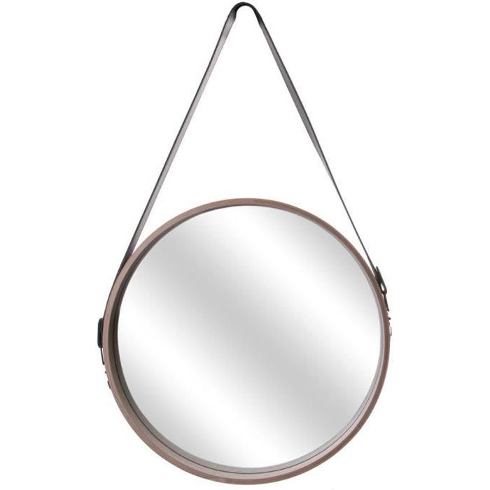 THE HOME DECO FACTORY Miroir Rond avec Anse PU Bois - 40 cm M6