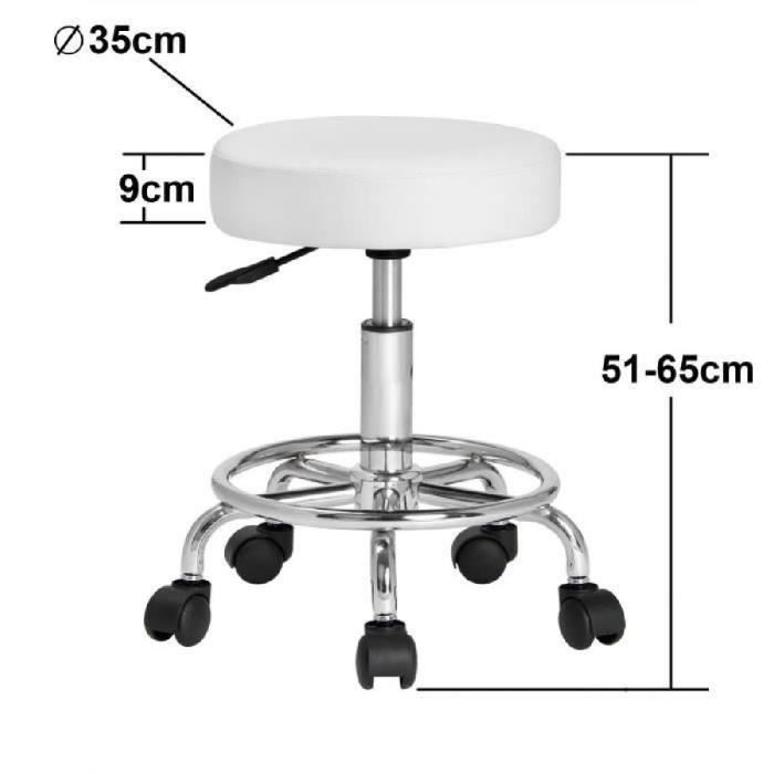 Tabouret à roulettes Siège rembourré pivotant rotatif 360 Hauteur réglable Blanc