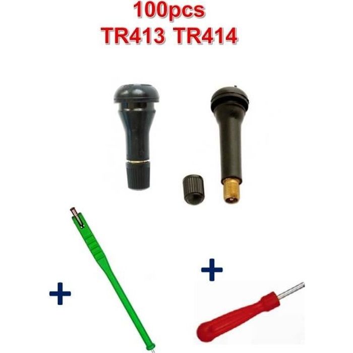 Kit 100 Valves TR413 et TR414 + Tire Valve + Démonte obus