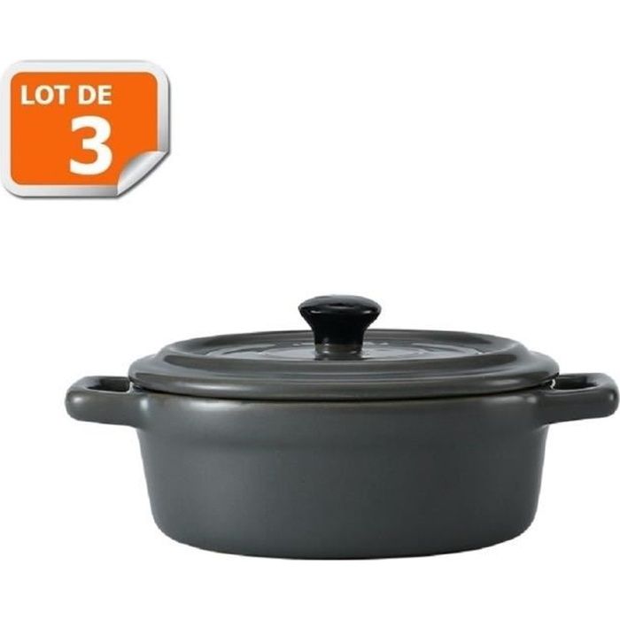 Lot de 3 mini cocottes ovales grises avec couvercle et poignées HobbyCook