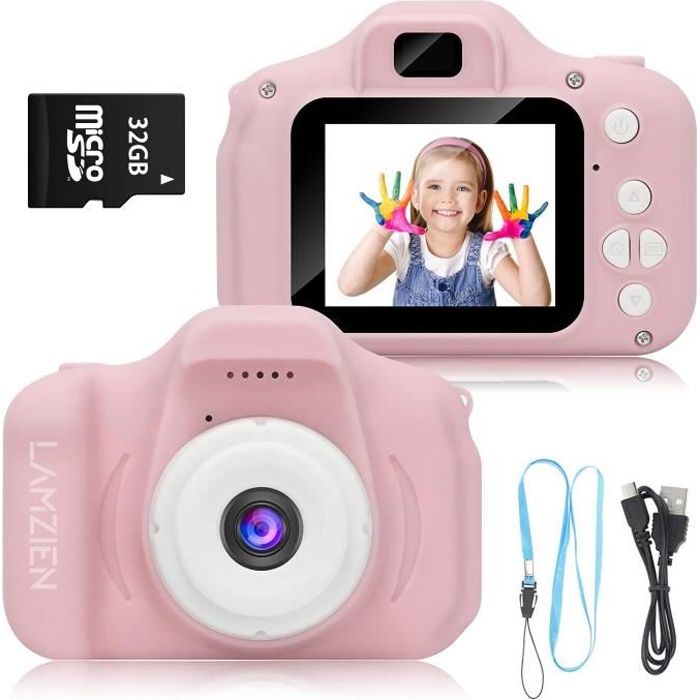 LAMZIEN appareil Photo pour Enfant, avec Carte TF 32Go, Ecran à 2,0 Pouces HD, 8MP/720P, Coque en Silicone Résistant aux Chocs, Rose