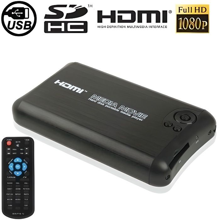 Lecteur Multimédia HD Télécommande HDMI Support Carte SD HDD SATA Aluminium
