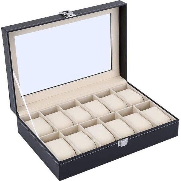 Présentoir de montre à Bracelet 12 places Coffret de Rangement pour bijoux en faux cuir noir - XY FR