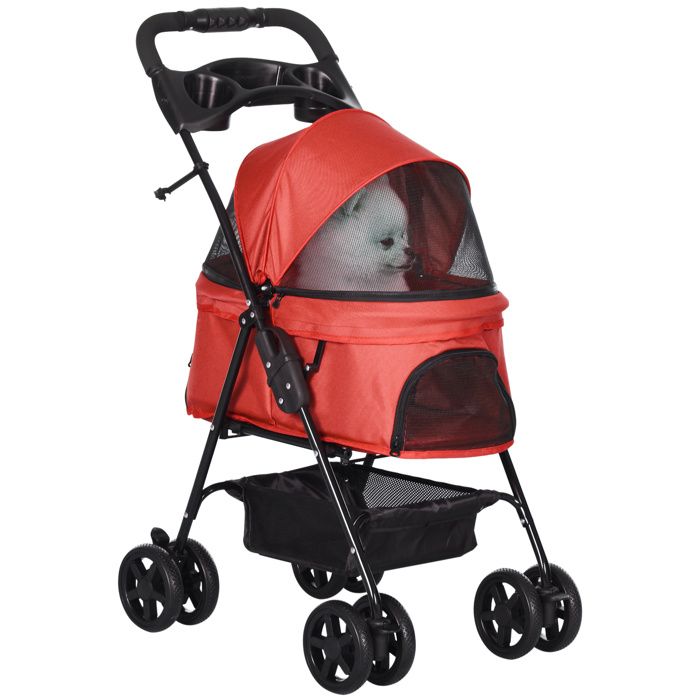 Meilleurs prix pour Poussette buggy pliable chien chat panier rangement porte-gobelets tissu 300D Oxford imperméable 4 roues rouge
