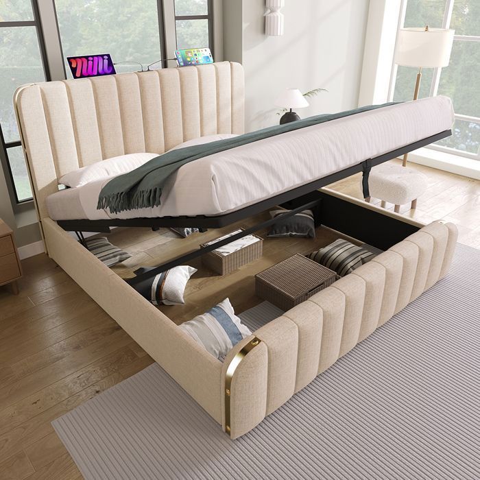 Lit coffre Lit rembourré Double tête de lit rembourrée avec fonction de chargement USB Type-C Lit 180x200 cm Beige