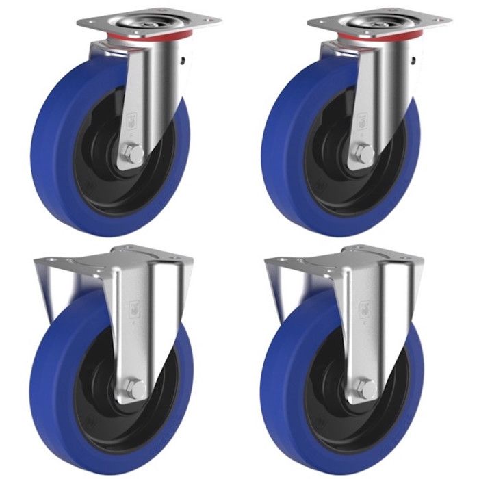 Lot de 4 roulettes pivotantes et fixe caoutchouc EASYROLL® BLEU 100 mm