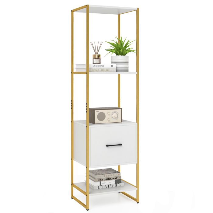 COSTWAY Meuble Étagère à 5 Niveaux avec Tiroir Kits Anti-Basculement Double Étagère dExposition pour Salon Chambre Bureau Blanc