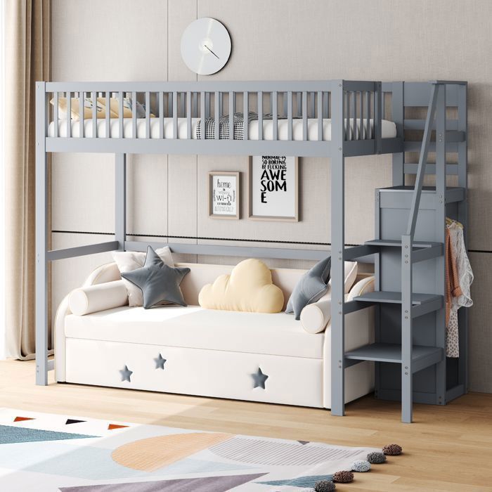 Grand lit 90x200 avec escalier lit en bois avec étagère de rangement armoire simple gris