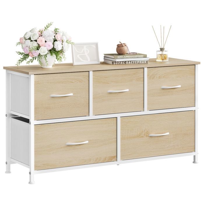 Commode Chambre WOLTU - Meuble 5 Tiroirs en Tissu - Bois dIngénierie et Métal - Chêne Clair+Blanc W0ITT5024 Commode Chambre WOLTU - Meuble 5 Tiroirs en Tissu - Bois dIngénierie et Métal - Chêne Clair+Blanc W0ITT5024