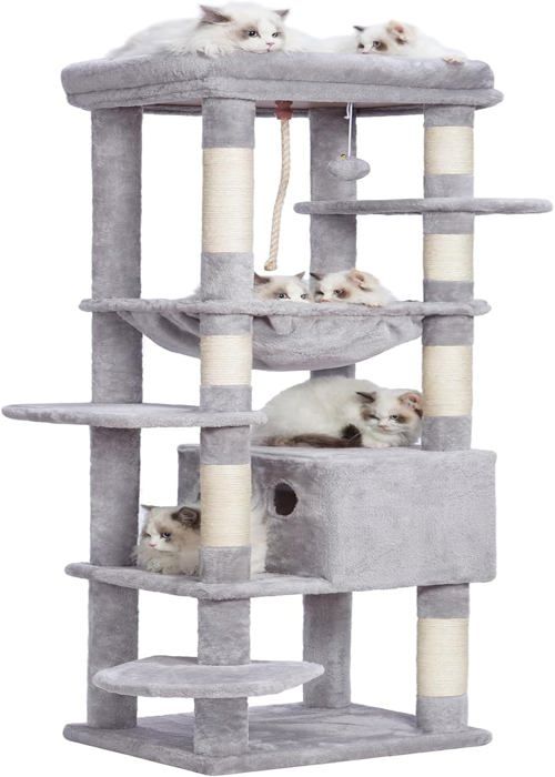 Comparer les prix de Arbre À Chat, Tour À Chat De 153 Cm De Haut, Abri À Chat Multi-Niveaux Avec 1 Panier, 1 Niche, 7 Griffoirs, Toilettage Autonome