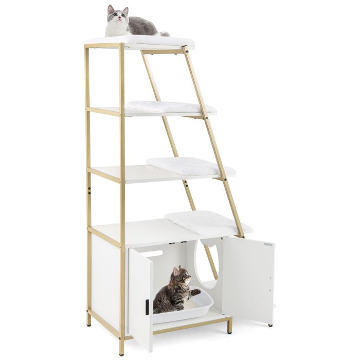 Meilleurs prix pour COSTWAY Meuble pour Bac à Litière pour Chat avec Rangement, 3 Etagères Echelle, Entrée Latérale, Tapis en Peluche Amovible, Blanc