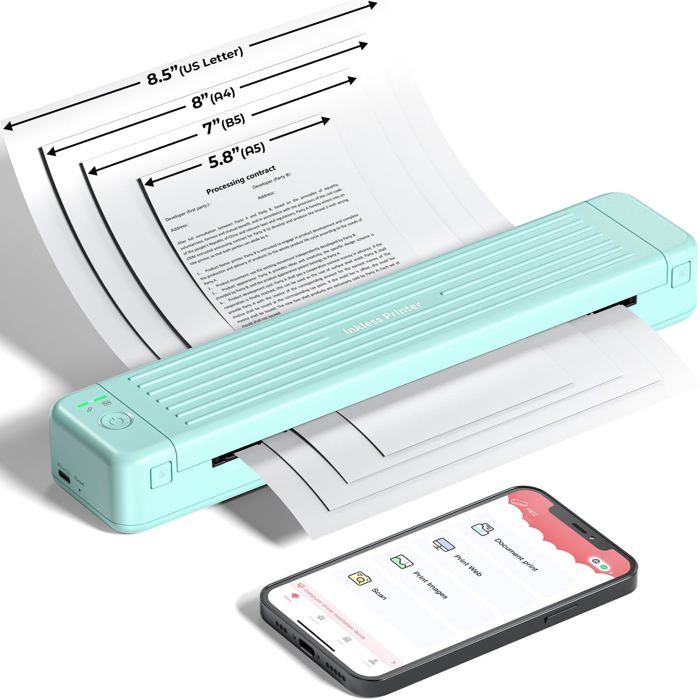 Imprimante Thermique A4 Portable Ejoyous - Sans Encre, Bluetooth, Compatible IOS/Android - Papier Thermique 210-218mm