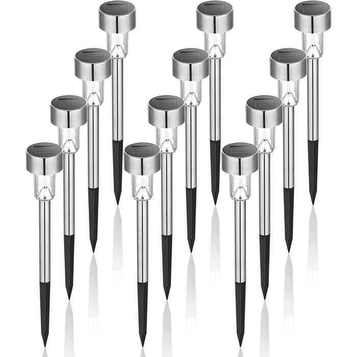 Lot de 12 lampes solaires extérieures LED IP65 en inox 3500K pour jardin allée terrasse