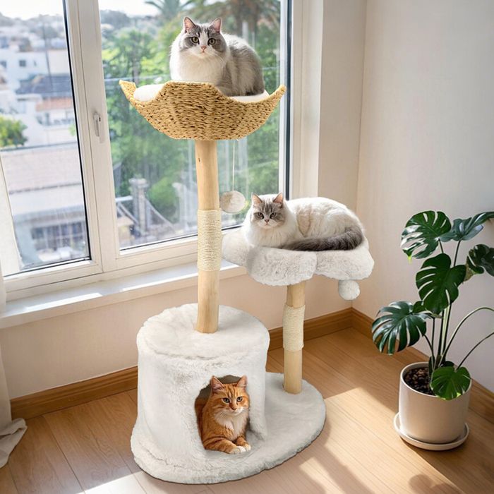 Meilleurs prix pour Arbre à Chat Hauteur 120 cm, Tour de Jeux pour Chat avec Poteau Griffoir en Sisal, Niche, Panier, Plate-Forme, 2 Pompons