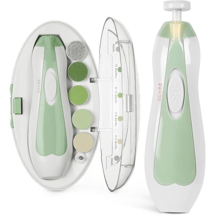 Coupe-ongles électrique Bébé COSLUS – Lime Silencieuse Avec Lumière 360°, Kit 16 En 1, Sécurité Certifiée, Beige