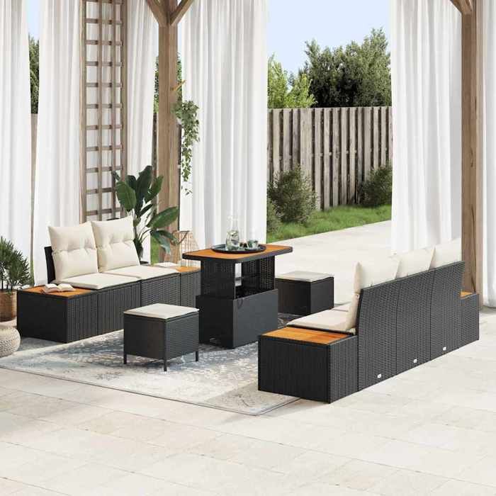 vidaXL Set de jardin 8 pièces avec coussins en poly rattan noir et bois dacacia résistant aux intempéries. Super 3362860