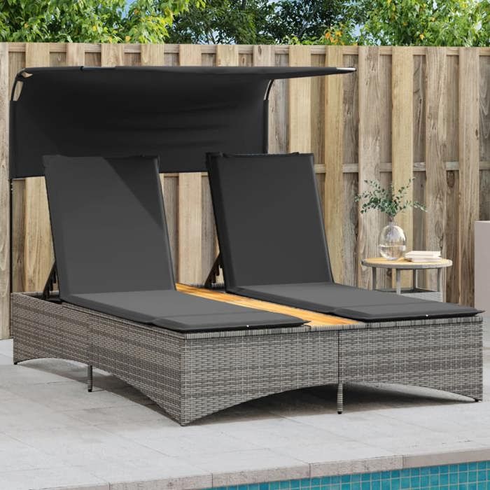 97355& Bains de soleil double et auvent et coussins gris résine tressée - L136 x P202 x H140 cm - tissu 100 % polyester