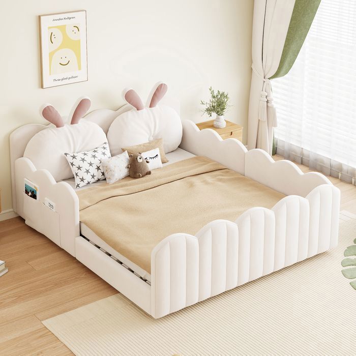 Lit Plateforme Enfant - 140 x 200 cm - en Velours Beige - avec Tête de Lit Lapin - Barrières Rembourrées et Sommier