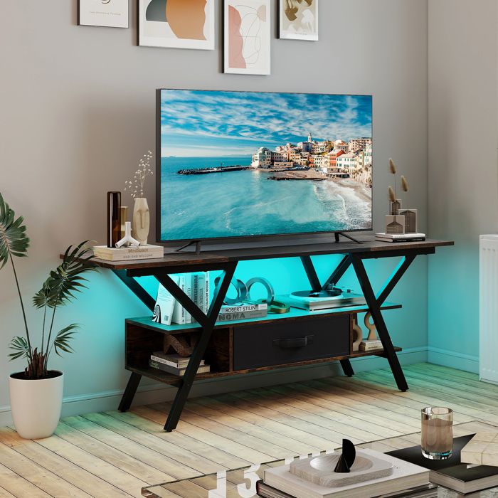 GIANTEX Meuble TV 140 cm- Lumières LED Réglables- Tiroir en Tissu Amovible- Station de Charge- pour TV Jusquà 65 Pouces- Café