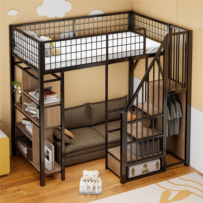 Lit Mezzanine 90x200 avec Rangement Étagère Escalier Penderie Lit Hauteur Gain de Place pour Studio / Adulte / Ado - Métal Noir