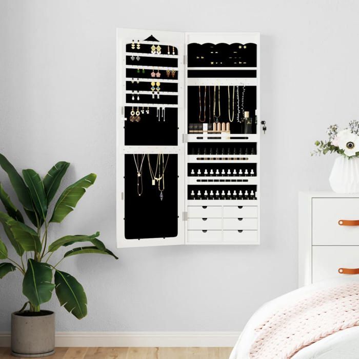 Armoire à bijoux avec miroir - vidaXL - Blanc - 375x10x106 cm - 6 tiroirs - Crochets et étagères
