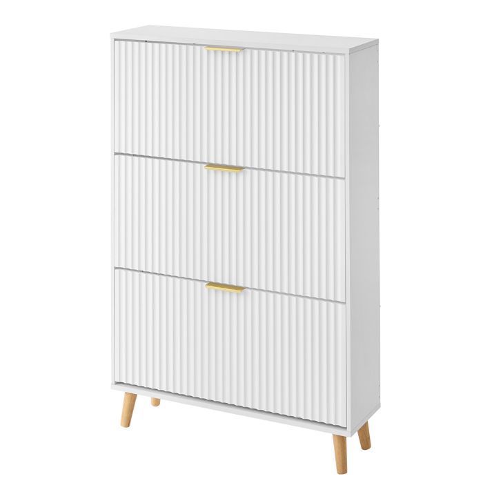 Armoire de Rangement à Chaussures 3 Portes Abattantes Meuble d’Entrée Style Milieu du Siècle Blanc