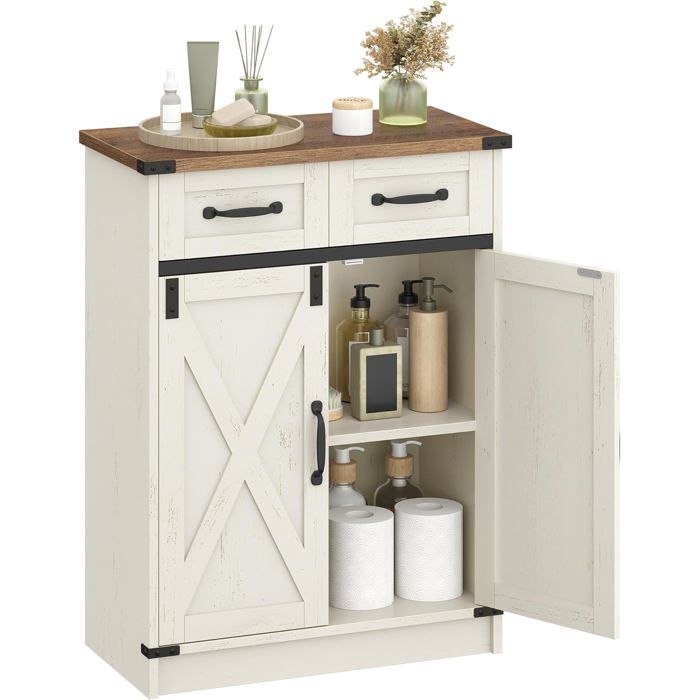 Meuble de Salle Bain Meuble de Rangement avec 2 Tiroirs et 2 Portes Armoire Rangement Étagère RéglableMarron Rustique et Blanc
