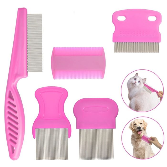Lot de 5 peignes anti-puces et anti-poux pour animaux de compagnie (chien et chat) rose UISAVE