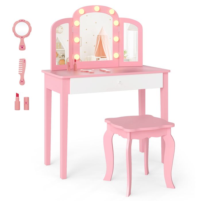 COSTWAY Coiffeuse Enfants avec Tabouret - Miroir Détachable Tri-Pliable 3 Couleurs de Lumière 3 Accessoires 70 x 34 x 95 5 cm Rose
