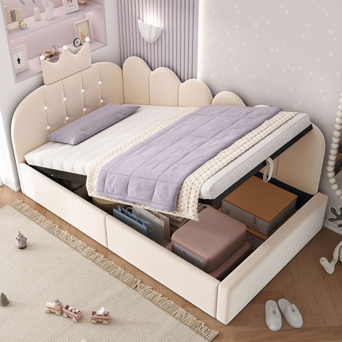 Canapé-lit 1 place 90x200 avec Rangement Hydraulique Structure L Modulable Velours Beige et Sommier Inclus - Lit Enfant