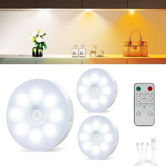 Lampe Detecteur de Mouvement Interieur Rechargeable USB Lot de 3Lampe de Placard sans fil Luminosité Réglable avec 3 Couleurs Lampe Detecteur de Mouvement Interieur Rechargeable USB Lot de 3Lampe de Placard sans fil Luminosité Réglable avec 3 Couleurs