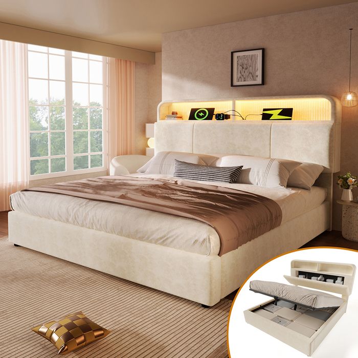 Lit coffre capitonné 180x200cm avec LED ports USB et Type-C tête de lit avec espace de rangement et réglable Beige velours