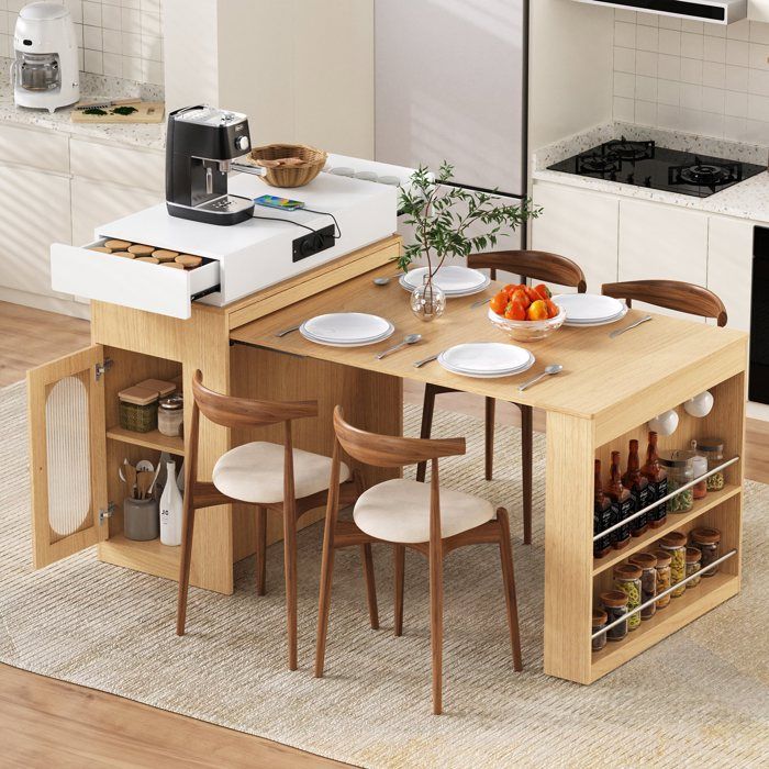Îlot de cuisine sur roulettes table à manger extensible plateau rabattable table de bar avec multiprises crochets buffet naturel