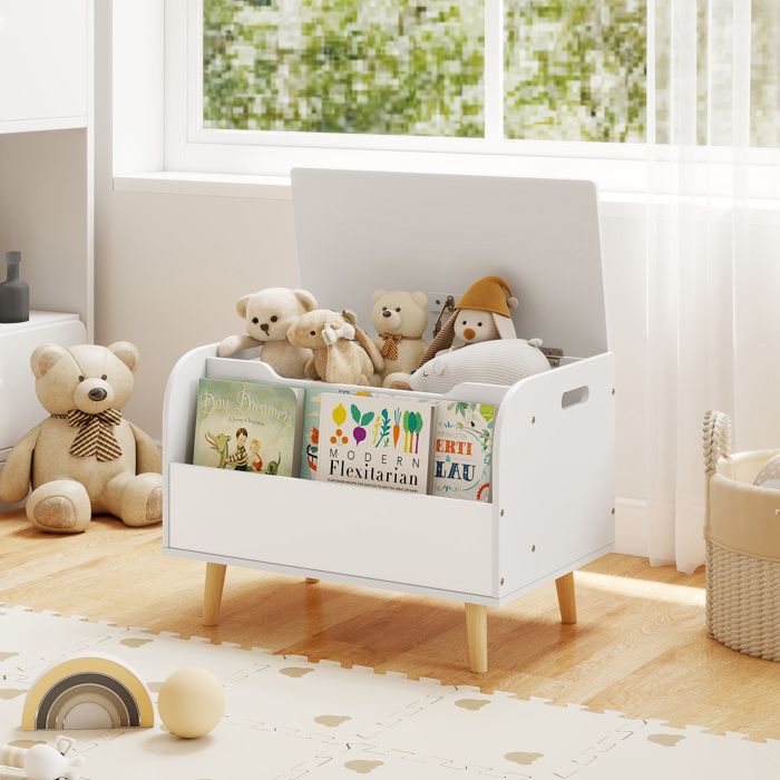 GIANTEX Coffre à Jouet pour Enfant en Bois- Couvercle Rabattable- Armoire de Rangement- Compartiment Ouvert- 60x40x43 cm- Blanc