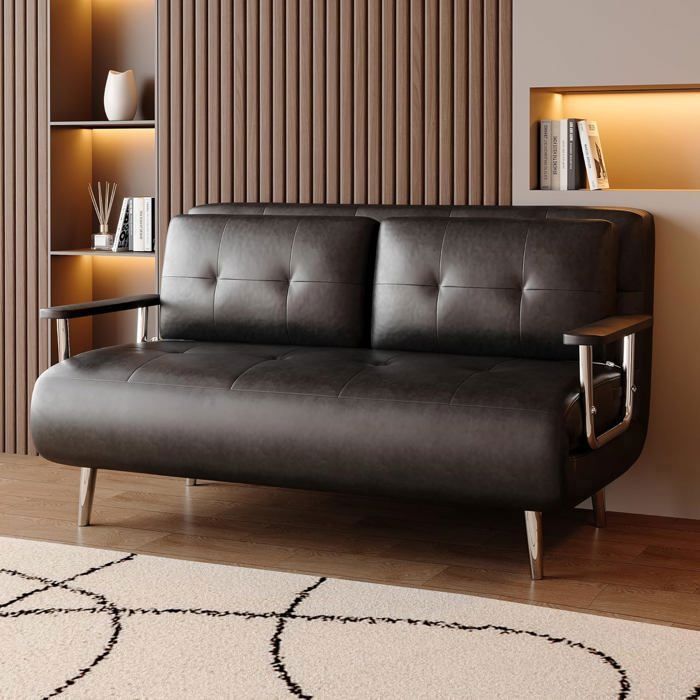 Canapé-lit en cuir noir 150 cm design moderne avec matelas pliable et pieds métalliques convertible pour salon et chambre