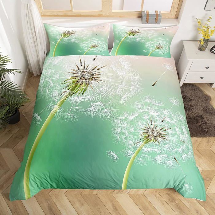 Pissenlit Parure de Lit 220x240 pour Parure Florale Botanique Verte Housse de Couette Fleur Fleurs Housse de Couette Femme Pissenlit
