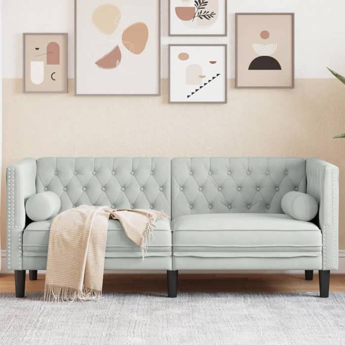Promo étéCanapé Chesterfield avec traversins 2 places - SWEETY - [par siège:110 kg] - gris clair velours - Dimensions:174x745x70