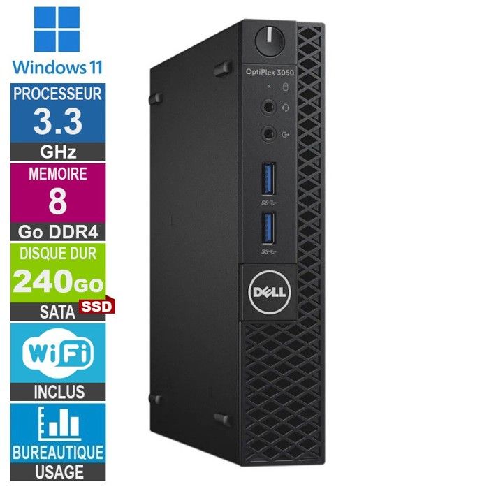 Dell 3050 Micro i5-7500T 3.30GHz 8Go/240Go SSD Wifi W11 Reconditionné - Dell reconditionné disponible sur Cdiscount Seconde Vie