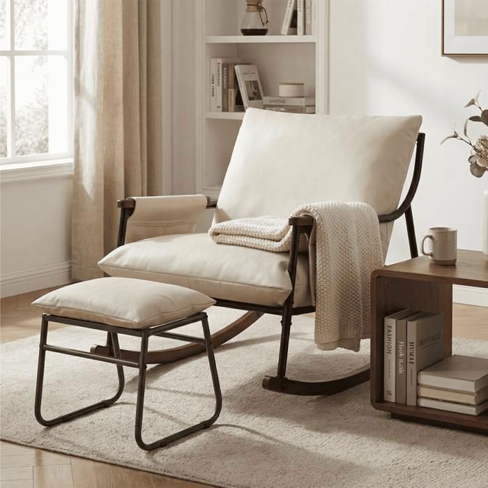 Fauteuil Relax Jardin avec Repose-Pieds Beige Clair – Assise Large – Fauteuil Confort Terrasse Balcon