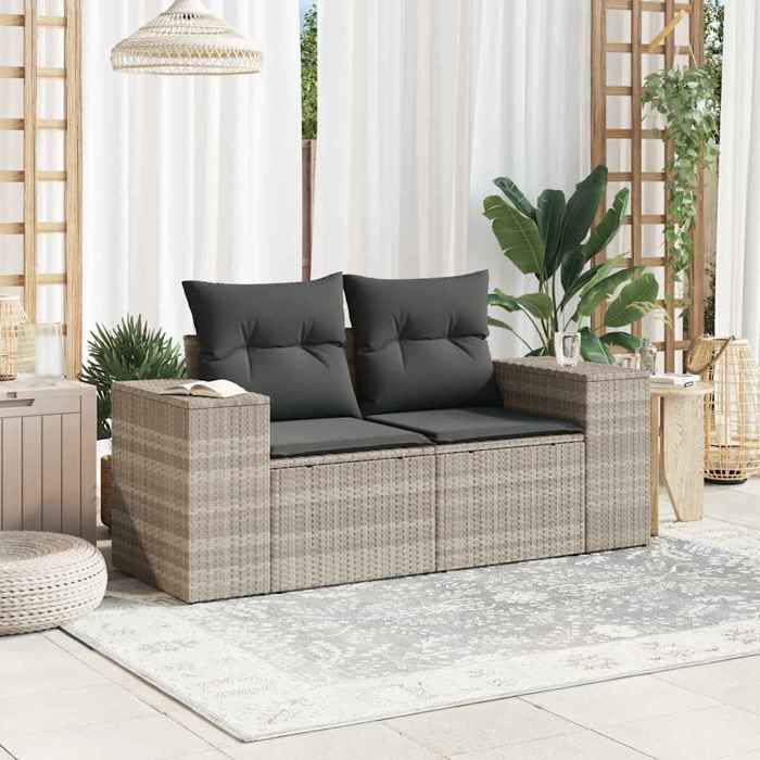 Gris Siège de jardin -  Canapé de jardin - 2 places - et coussins - gris clair résine tressée C3713