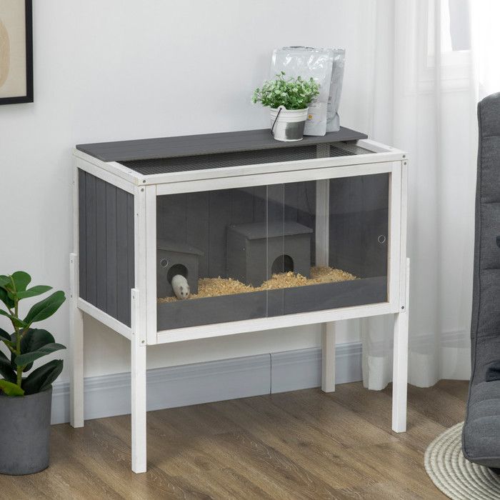 Cage bois hamster nain rongeurs avec 2 maisons accessoires grande cage souris 82x45x81cm gris.