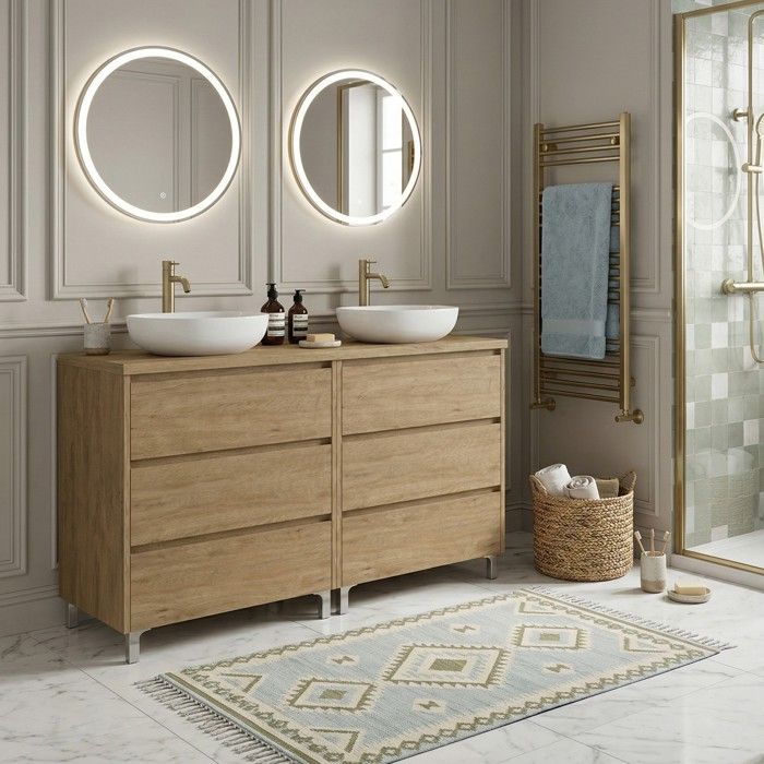 Meuble double vasque à poser L. 120 cm sur pied 6 tiroirs Chêne naturel LISBONA - sans colonne Meuble double vasque à poser L. 120 cm sur pied 6 tiroirs Chêne naturel LISBONA - sans colonne