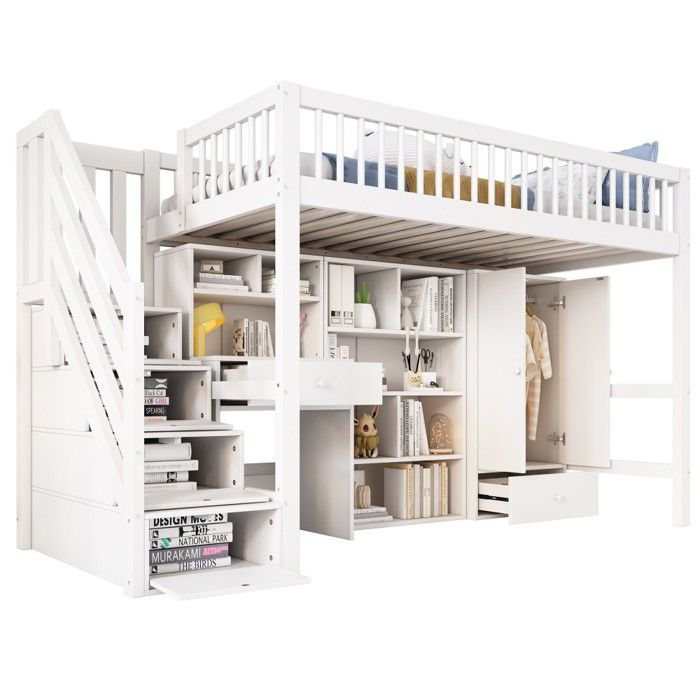Lit Mezzanine Enfant-Bois Blanc 90x200cm-Avec Bureau-Escalier-Casiers-Armoire-Multifonctionnel-Sans Matelas