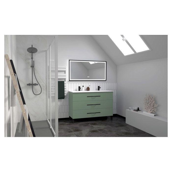 ONDEE ZEN Meuble à poser MONACO - Dim 120cm - Vert Sauge - Mir SELENA - Poignées noires