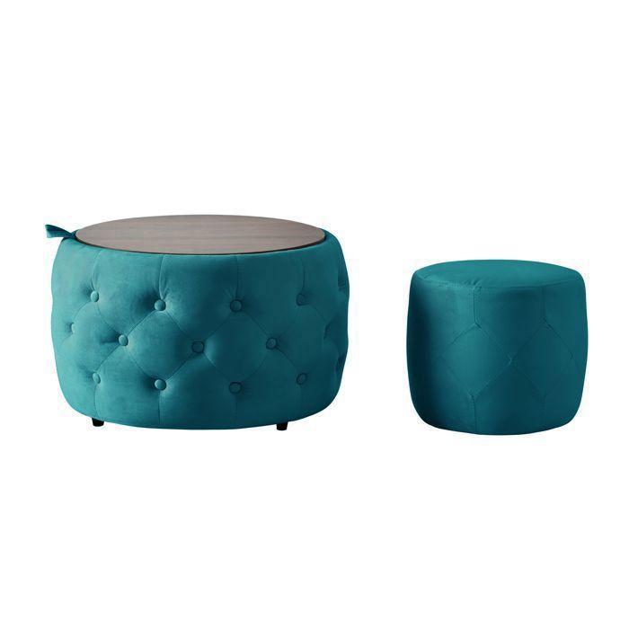 Lot de 2 Poufs Ronds en velours Tables Basses Table dappoint avec rangement pour Salon et Chambre Bleu
